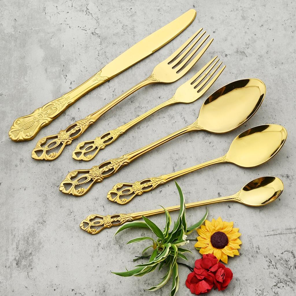 24Pcs Knife Fork Ice Spoon Dinnerware Set Colorful Stainless Steel Cutlery Set Vintage Hollow Tableware Wedding Party Silverware