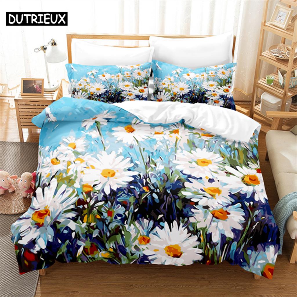 White Daisy Queen Bedding Set Duvet Cover Kids Bedroom Bed Set Comforter Cover Set King Size Duvet Cover Set Bedding Sets