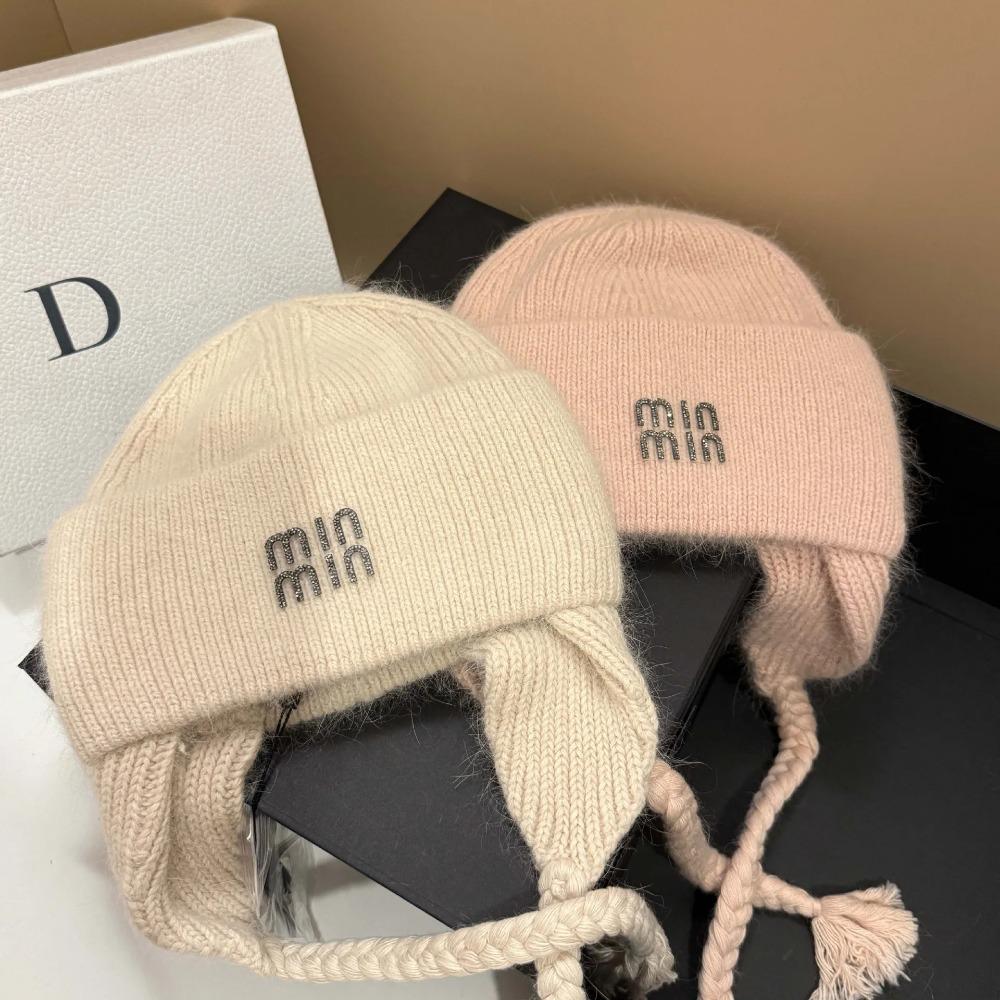 Winter Hot Diamond Rabbit Wool Knitted Warm Ear Protection Hat Outdoor Light Luxury Wool Hat Fashionable Letter Cold Hat