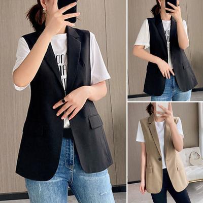Women Business Vest Turn-down Collar Single Button Closure Sleeveless Mid Length Formal