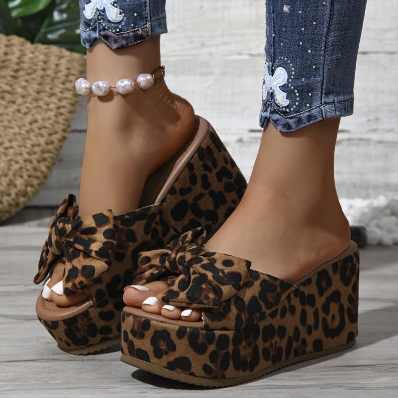 Stylish Comfortable Leopard Print Wedge Sandals - Women's Slip-On Platform Heels with Bowknot