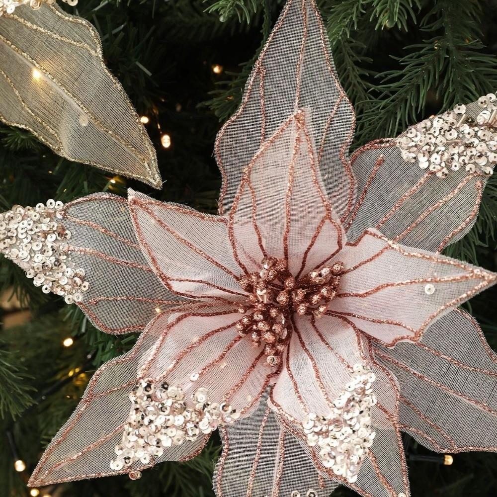 New 31CM Artificial Poinsettia Flower Glitter Sequins Simulation Flowers Sparkling DIY Christmas Flower Home Decoration