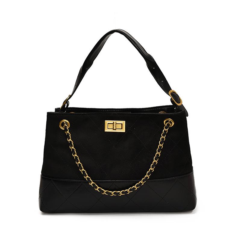 Brown Korean Style Quilted Suede Tote Bag with Adjustable Chain Strap