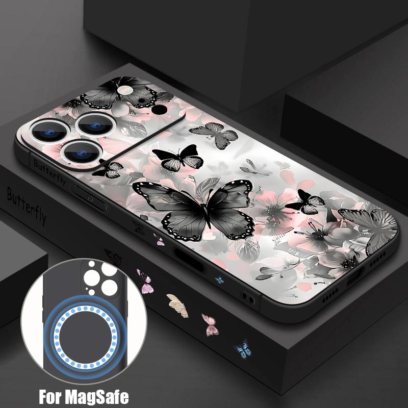 

For iPhone 17 Pro Max Case INS Colorful Butterfly Flowers Pattern Magnetic For Magsafe Soft Cover For iPhone 16 15 14 13 Pro Max 17E 16E iPhone 16e/17e чёрный