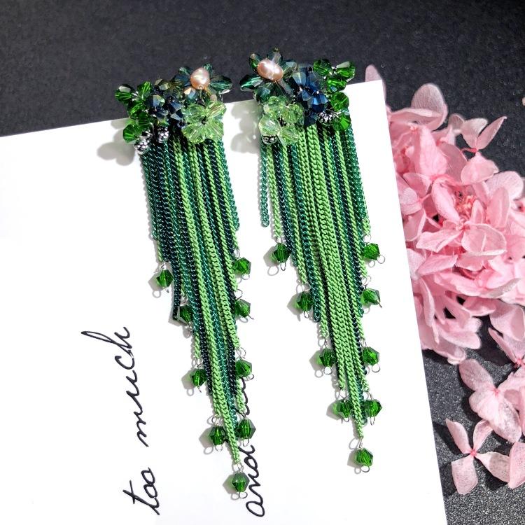 Luxury Retro Handmade Crystal Earrings Femininity Versatile Long Fringed Bride Earrings High-end Ear Jewelry