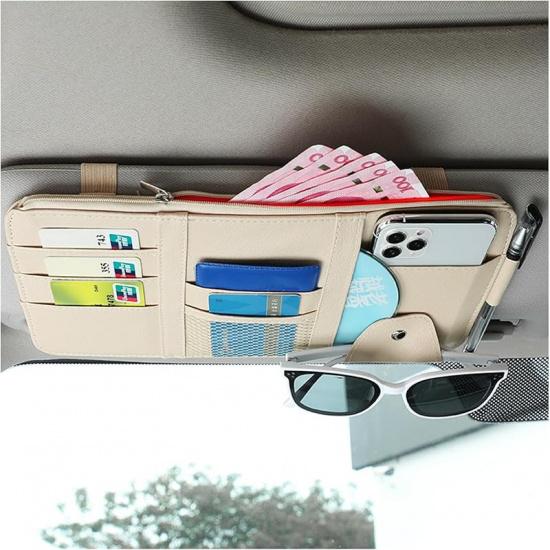 Augeny Car Sun Visor Organizer, Leather Personal Belonging Storage Pouch With Zipper, Car Visor Storage Pouch Sunglasses Holder, Auto Interior