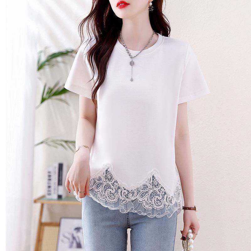 

Кружевная лоскутная футболка с вырезами, круглым вырезом и короткими рукавами - Женский летний стиль 2025, Омолаживающая свободная универсальная блузка 2XL белый