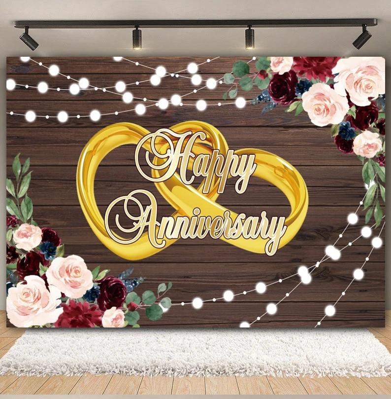 Happy Anniversary Backdrop Gold Balloon Glitter Love Heart Flower Birthday Party Bridal Shower Wedding Photography Background