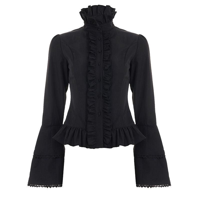 

H Home European and American Women s Clothing Gothic Dark Turtleneck Ruffles Bell Sleeve Shirt Court Retro Abdomen-Control Black Tops Black S
