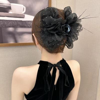 Schwarze Große Schleife Haarspangen Krabben Haarspangen Frauen Mädchen Feder Glänzende Schleife Pferdeschwanzhalter Haarklammern Haaraccessoires Neu