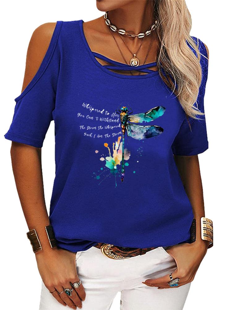 Damski Modny T-shirt z Krótkim Rękawem Casualowy Okrągły Dekolt Letnia Koszulka z Nadrukiem Top Odkryty z Ramion