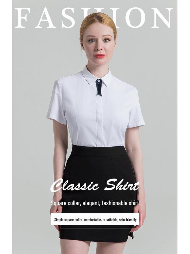 2025 Premium Women's Short-Sleeve Business Shirt with Tie Decoration - Solid Color, Dark Placket