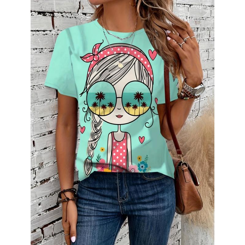 

Cartoon Portrait Themed Printed Round Neck Fashion Women’s Short-sleeved Fit Round Neck Clothing XL
