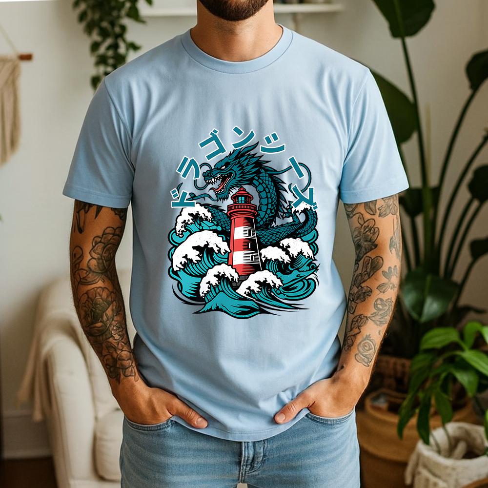 2026 Summer Unisexs Japanese Dragon Lighthouse Graphic Oversize Tee 100 Cotton UkiyoE Short Sleeve