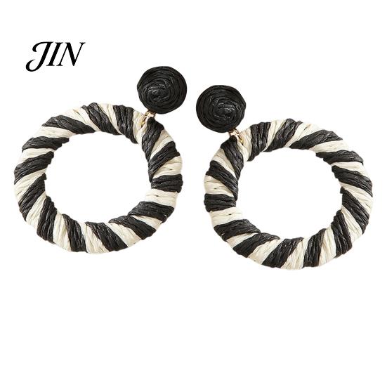 Statement Summer Earrings 1 Pair Boho Raffia Circle for Women, Handmade Vacation Style Straw Rattan Round Drop Dangle Earrings, Tropical Beach Jewelry