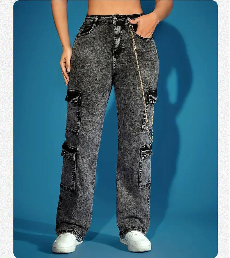European & American Fashion Multi-Pocket High Elastic Denim Chain Work Pants