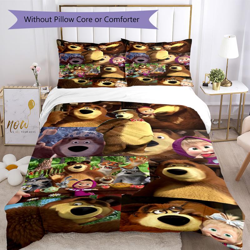 Masha Bär Bettwäsche-Set Atmungsaktiver Bettbezug mit Kissenbezügen Dekorative Bettwäsche für Schlafzimmer Heimdekoration Geburtstagsgeschenk