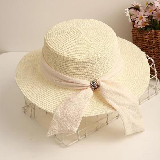 Straw Hat Lightweight Breathable Flat Top Wide Brim Sun Protection Hat Metal Buckle Ribbon Decorated Hat Summer Beach Hat