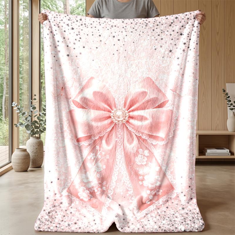Elegant Pink Satin Bow with Lace and Butterflies Theme blanket Lightweight Warm Flannel Blanket Decorative Throw Blanket for Home Decoration