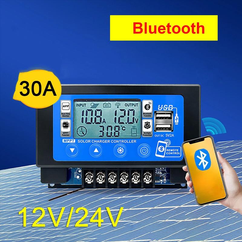

30A 60A MPPT Solar Controller with Bluetooth WiFi 12V/24V Solar Charge Smart Controller Dual USB LCD Large Digital Display