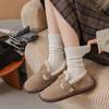 Gray Wool Cable Knit Women's Mid-Calf Socks - Retro Korean Style with Ruffles