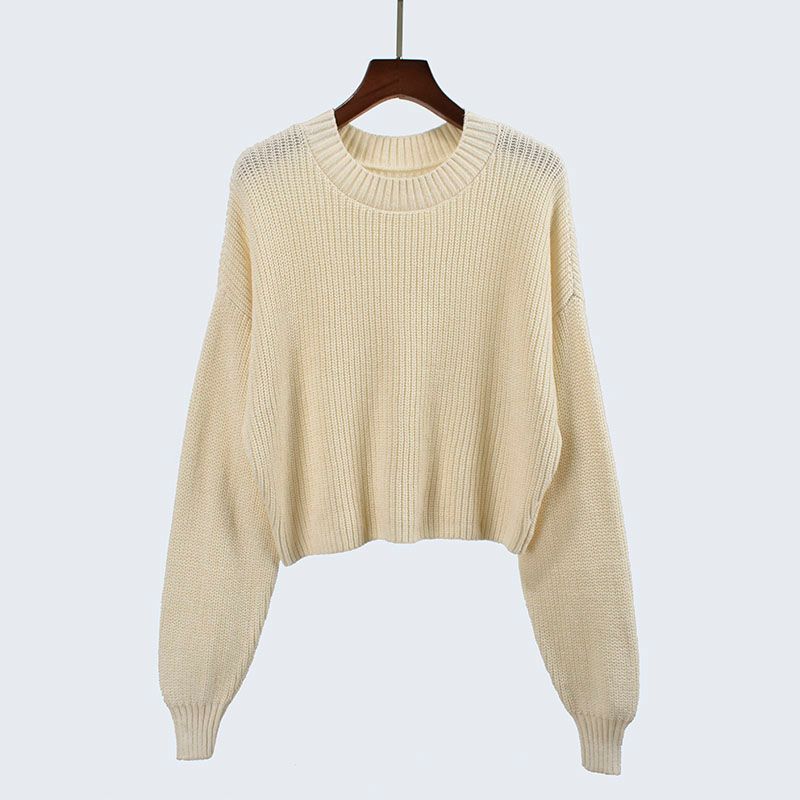 Export Cut Label Spring and Autumn O-neck Short Loose Long Sleeves Lazy Knitting Sweater Pure Color Pullover Women's Clothing Tops