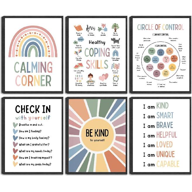 6Pcs Educational Growth Mindset Wall Art Kids Mental Health Therapy Canvas Paintings Positive Affirmations Wall Decor Boho Motivational Quotes 10L x8W Poster