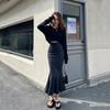 Elegant Woman Black Split Fishtail Female High Waist Elastic Slim Package Hip Ruffles In Long Versatile Comfortable Fashion Denim Bustier Skirt
