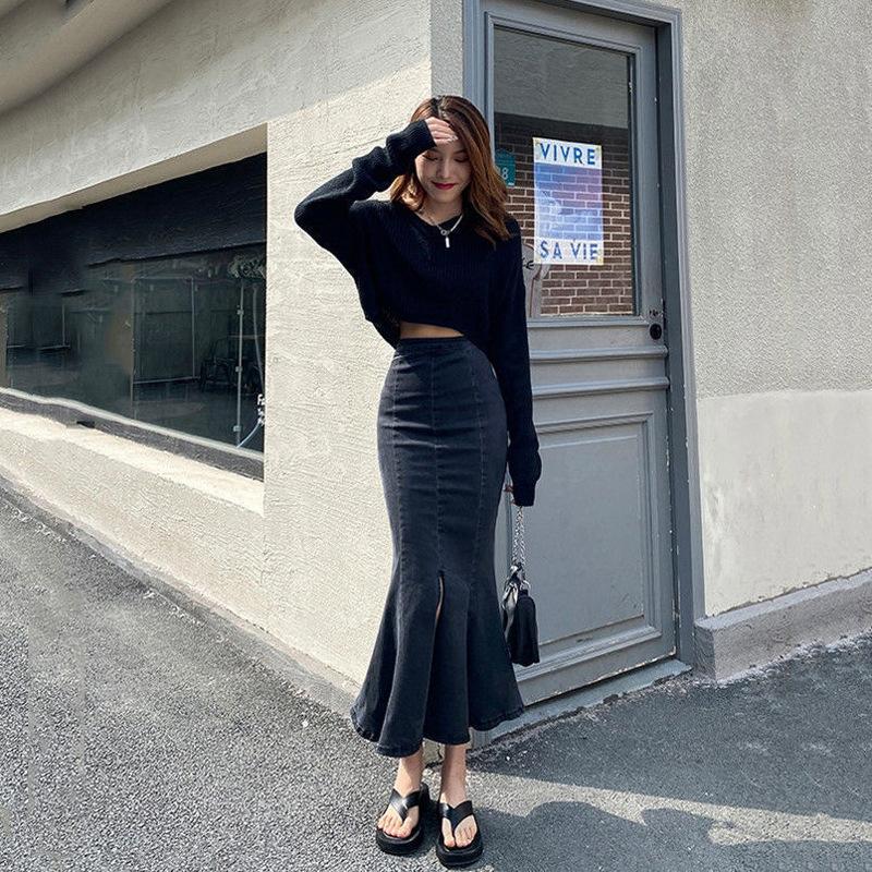 Elegant Woman Black Split Fishtail Female High Waist Elastic Slim Package Hip Ruffles In Long Versatile Comfortable Fashion Denim Bustier Skirt