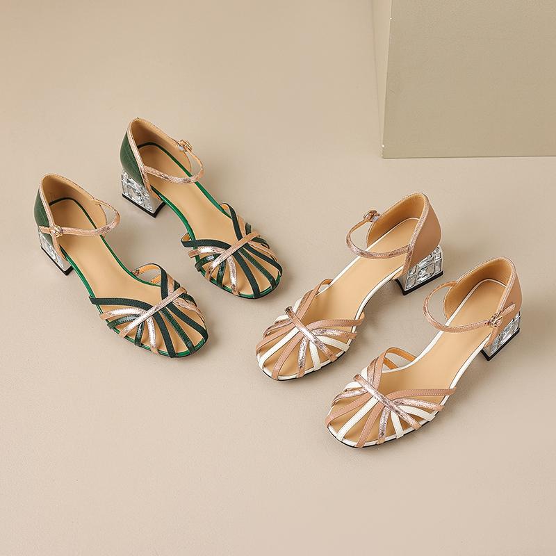 Fashion Women's New Spring/Summer Bag Heel Round Toe Genuine Cowhide Color Block Diamond High Heel Roman Sandals
