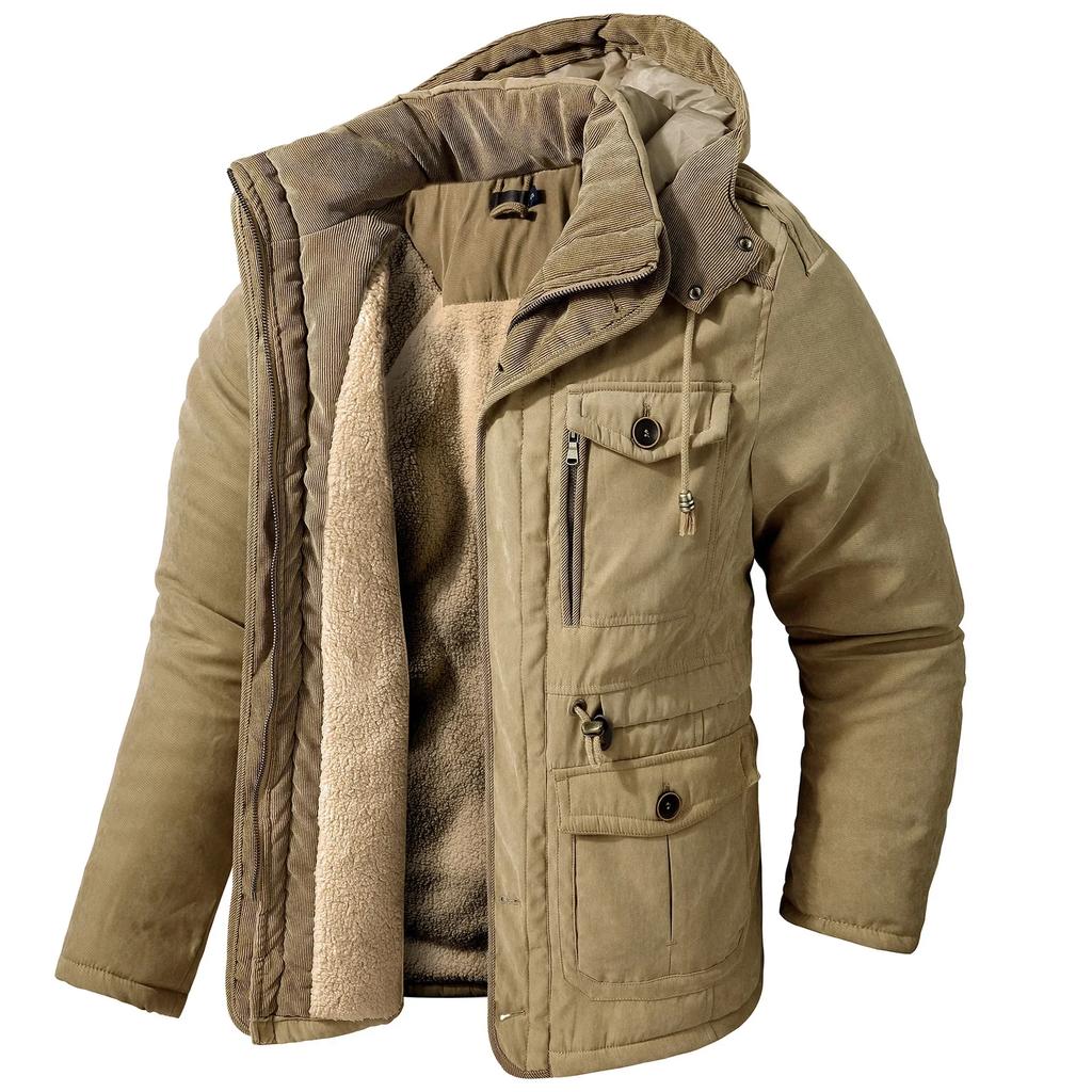 Winter Men's Jacket Large Size Warm Hooded Thickened Multi Pocket Casual Mid Length Coat