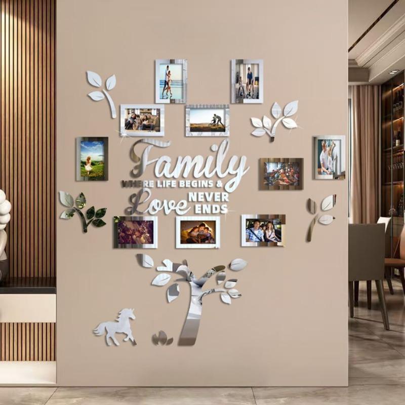 Family Tree Wall Decal Sticker - Acrylic 3D DIY Mirror Sticker Photo Frames Quotes Wall Decor Removable Wall Art Decals Decorations for Bedroom
