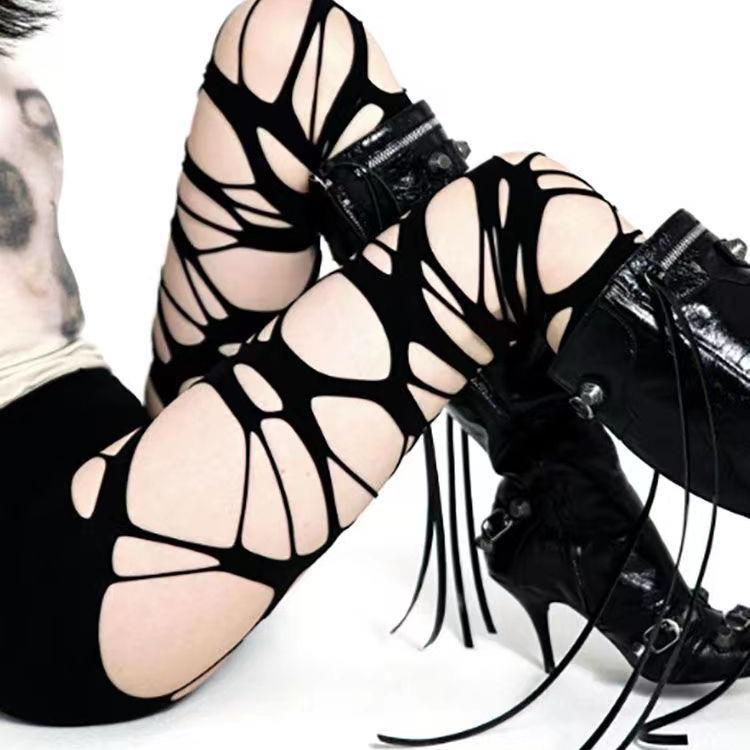 Women's Black Punk Gothic Fishnet Ripped Stockings - Y2K Millennium Hot Girl Base Layer Pantyhose