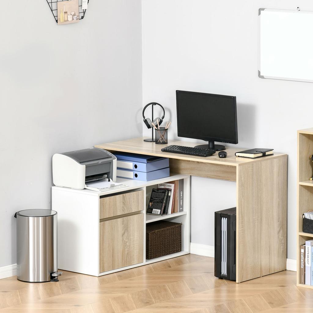 L-förmiger Schreibtisch, Eck-Computertisch mit Schublade, verstellbarem Regal, Schrank für Homeoffice und Arbeitszimmer, 120 x 92 x 75 cm, Eiche und Weiß