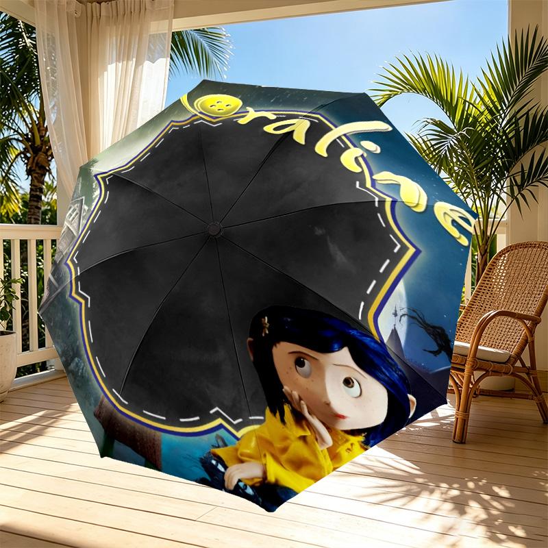 Coraline Print Automatic Open Close Umbrella, Portable Foldable Umbrella, for Outdoor Commute Camping Trip, Ideal Birthday Gift
