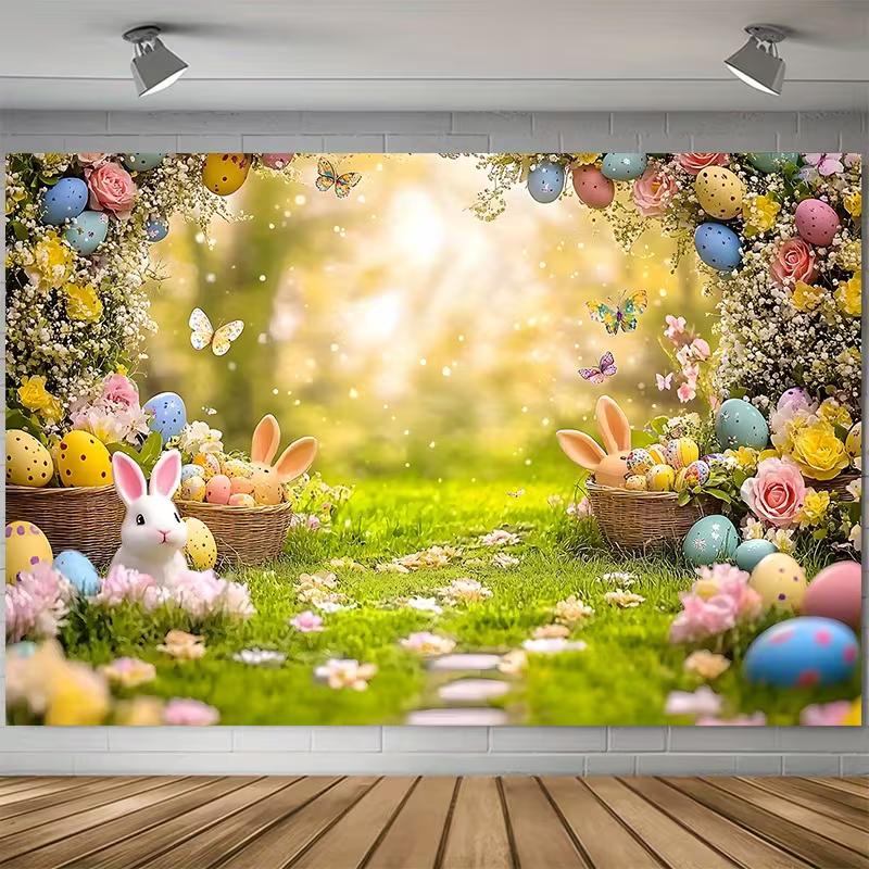 

2D Easter Photo Booth Backdrop, Floral Garden with Cute Bunnies & Colorful Eggs Background 47.2x31.5inch/120*80cm