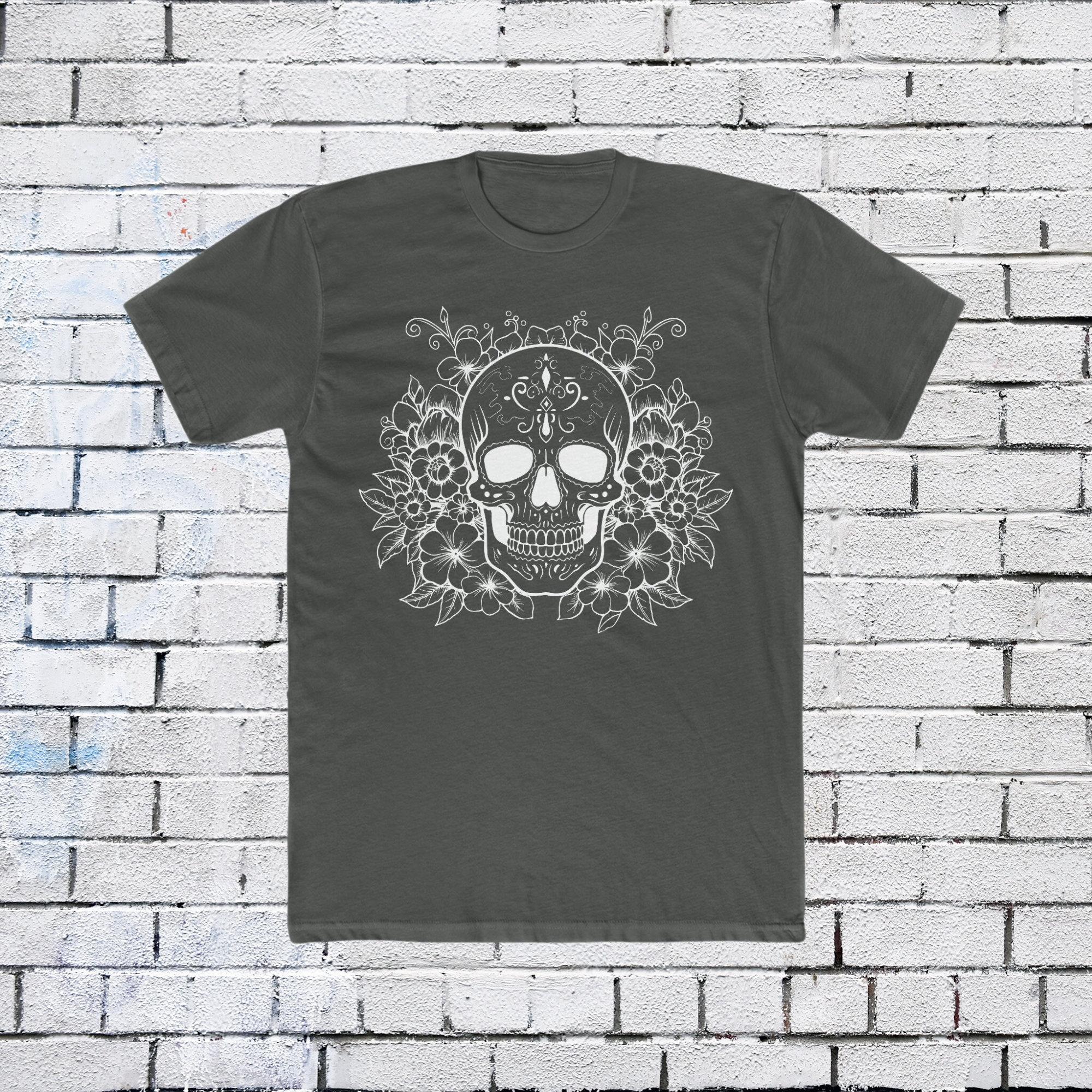 HOT SALE Flower Skull Graphic Tee: Fashionable Goth Cotton T-shirt Short Sleeve T-shirt Short Sleeve T-shirt Unisex Graphic Tee 4XL