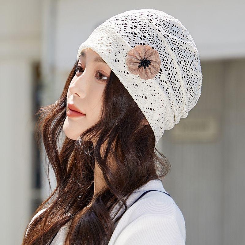 Sommer Hohl Turban Atmungsaktiv Spitze Dünn Mode Zum Überziehen Hut Damen Blume Einlagig Netz Koreanischer Stil