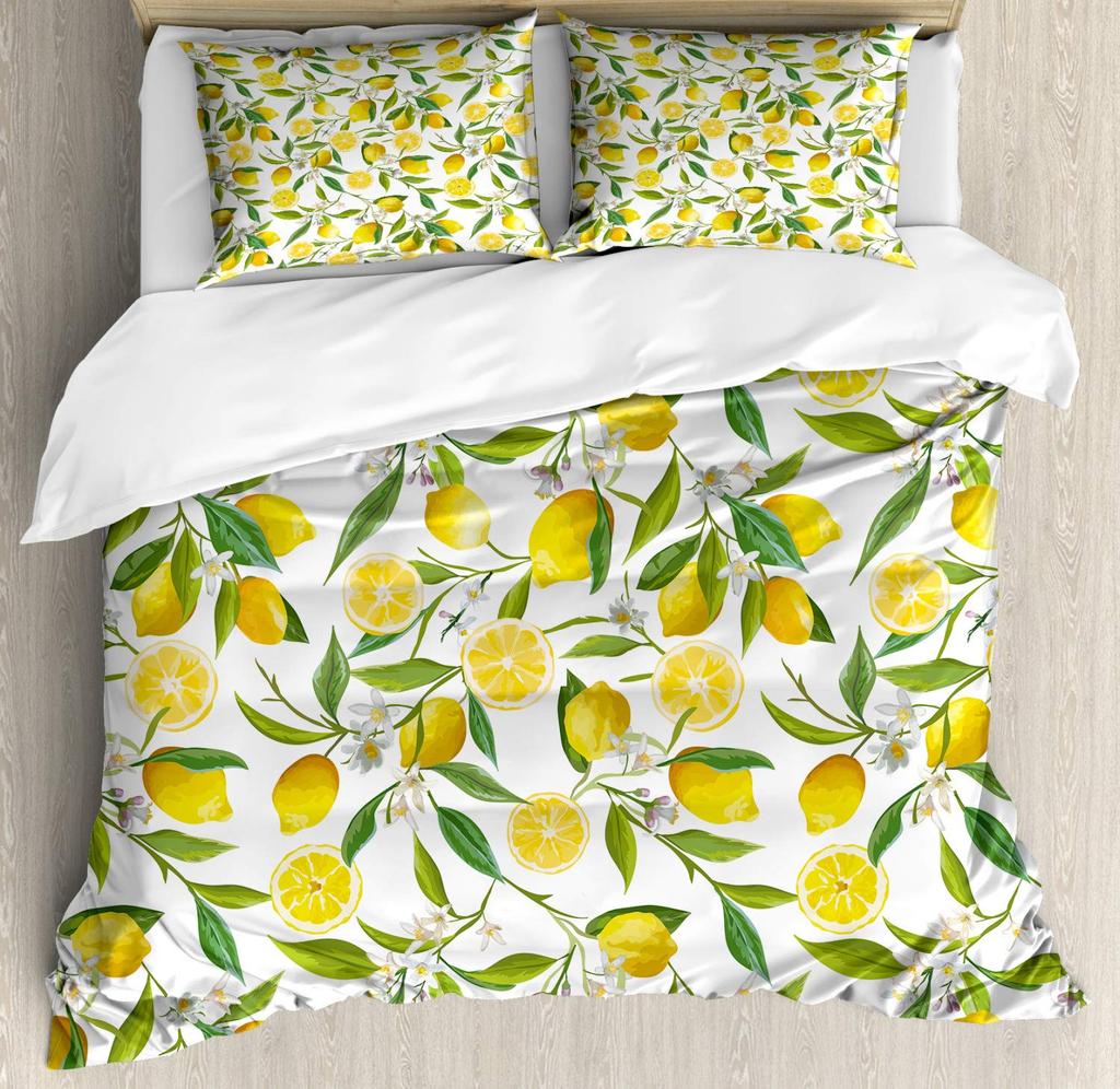 Nature Bedspread, Lemon Tre Branches Gardening Design, Decorative Quilted 3 Piece Coverlet Set featuring 2 Pilow Shams, Ful Sized Dimensions