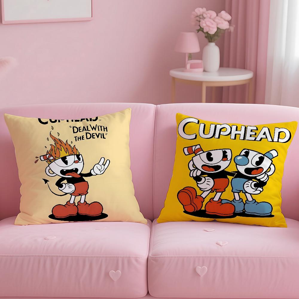 Classic Game Cuphead Cute Pillow Case Anti-Dustmite Pillowcase Invisible Zipper Silky Short Plush Sofa Cushion Cover