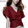 ZANZEA Women Casual V-Neck Loose Summer Short Sleeve Blouse