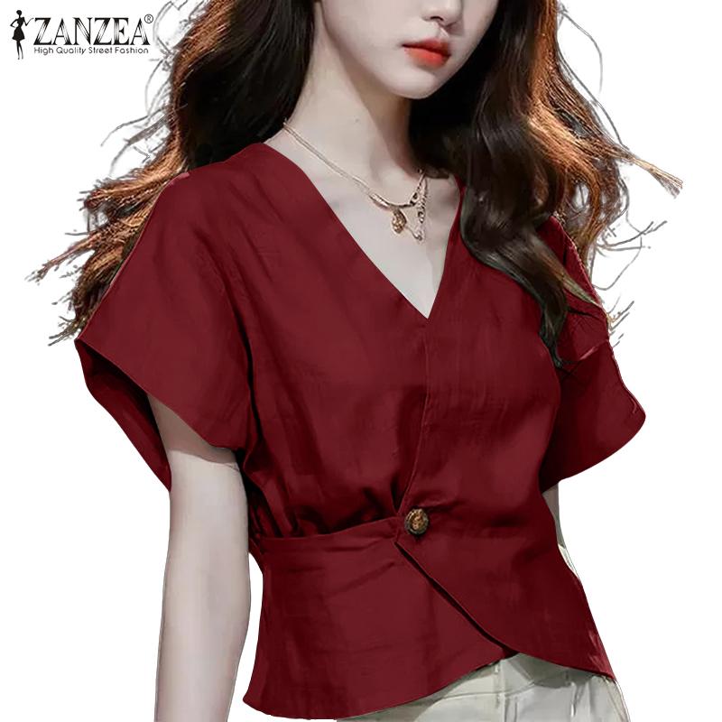 ZANZEA Women Casual V-Neck Loose Summer Short Sleeve Blouse