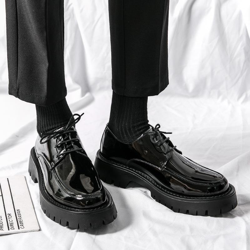 New leather shoes casual British style round head youth design sense thick sole heightening small leather shoes