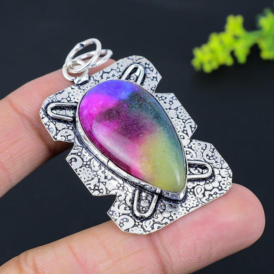 Natürlicher Regenbogen-Sonnenquarz Handgefertigter 925er Sterling Silber Anhänger 2,36" H4A47