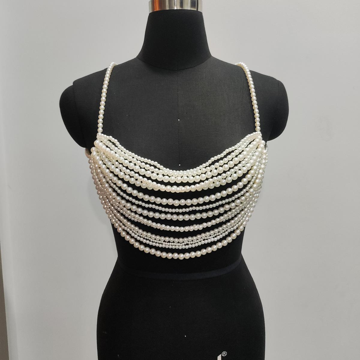

European and American white wedding bridesmaid bead breast chain, multi-layer hand-woven imitation pearl body chain