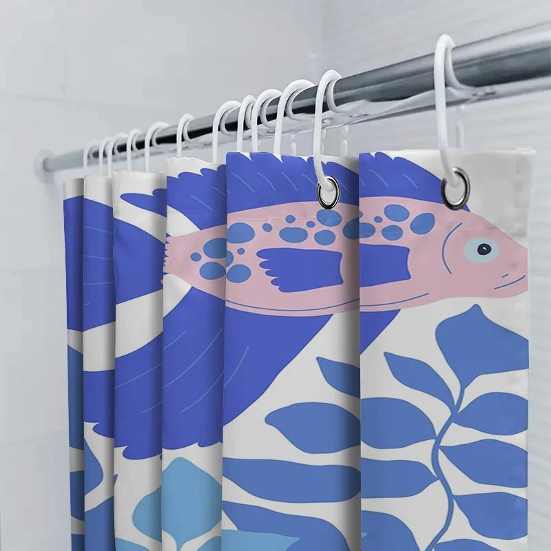 Blue White Fish Design Shower Curtain Decor Waterproof Fabric Bath Room Shower Drapes Set For Home Decoration 180X274Cm\N(Us $35
