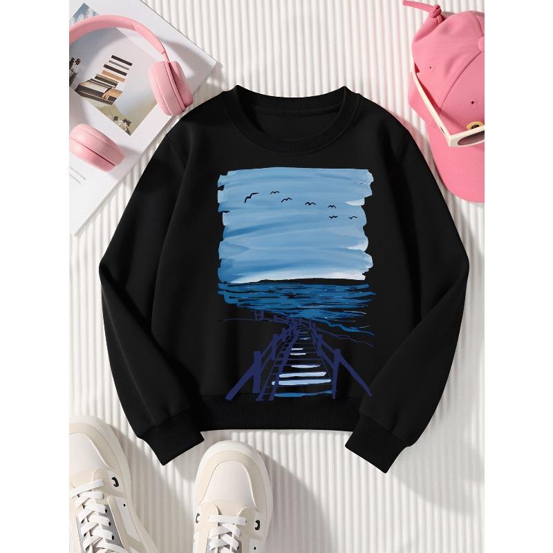 Girls' Soft Crewneck Sweatshirt, Blue Sea Sky Birds Pier Print Pattern with Cute Creative Print, Casual All-Match for Fall Winter