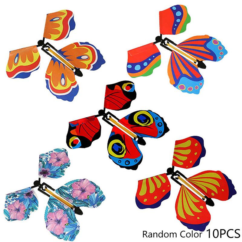 10Pcs Magic Flying Butterflies Wind Up Toy In The Sky Bookmark Greeting Cards Rubber Band Powered Kids Magic Props Surpris Gift