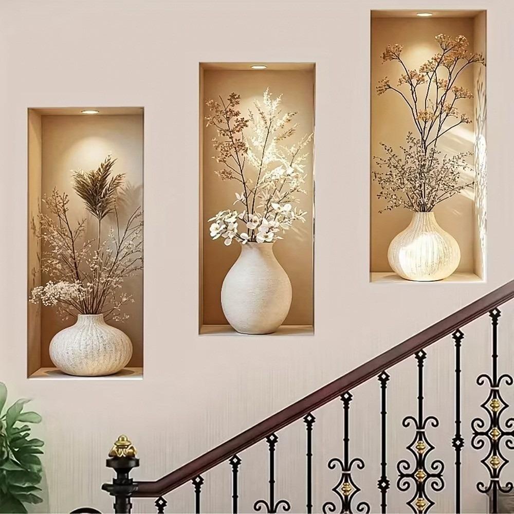 3pcs Self-Adhesive Flower Visual Wall Stickers Modern 3D Effect Wall Stickers Staircase Entrance