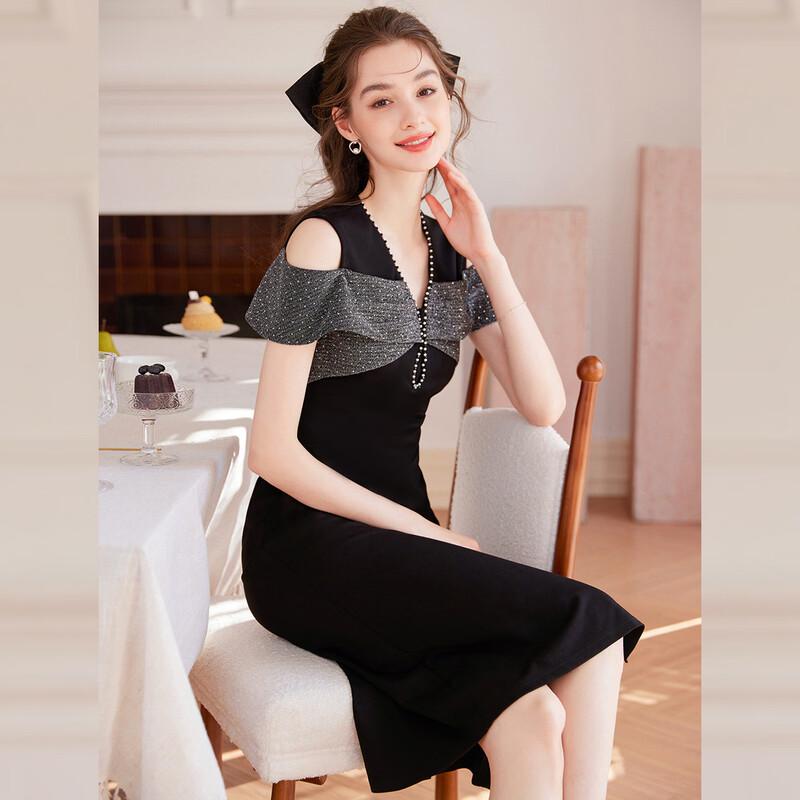 Bailuyu 2026 S/S V-Neck Little Black Dress with Color Block Splicing XL